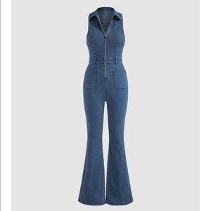 Denim Collar Flare Leg Jumpsuit